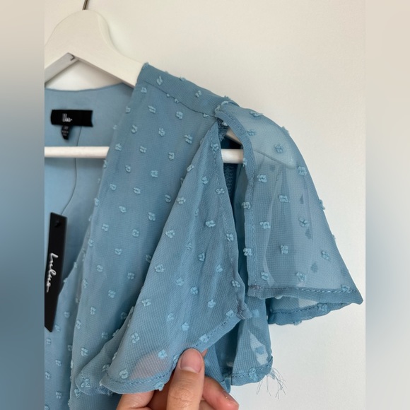 Lulus Cute Blue Swiss Dot Flutter Sleeve Wrap Dress - Picture 6 of 10